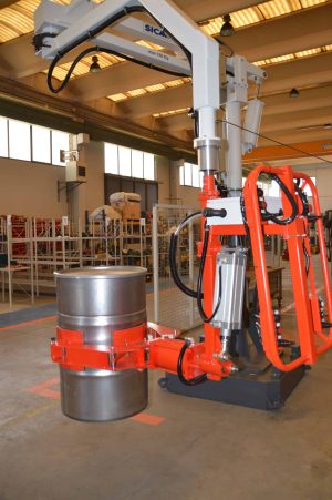 column movable industrial manipulator holding a barrel